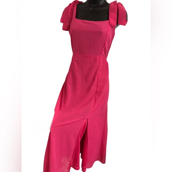 Pink square neck shoulder tie straps front slit chiffon style size medium new - Picture 2 of 15